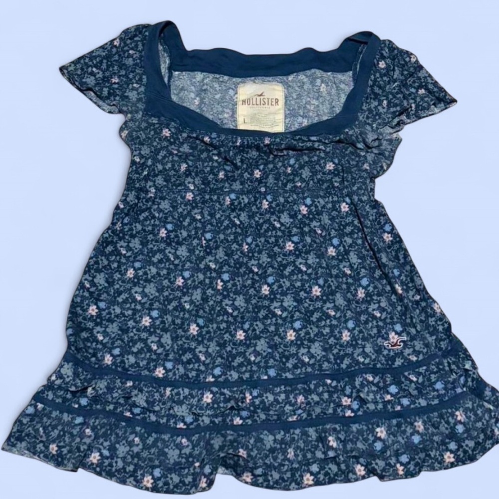Hollister Dark Blue Floral Ruffle Babydoll Top
